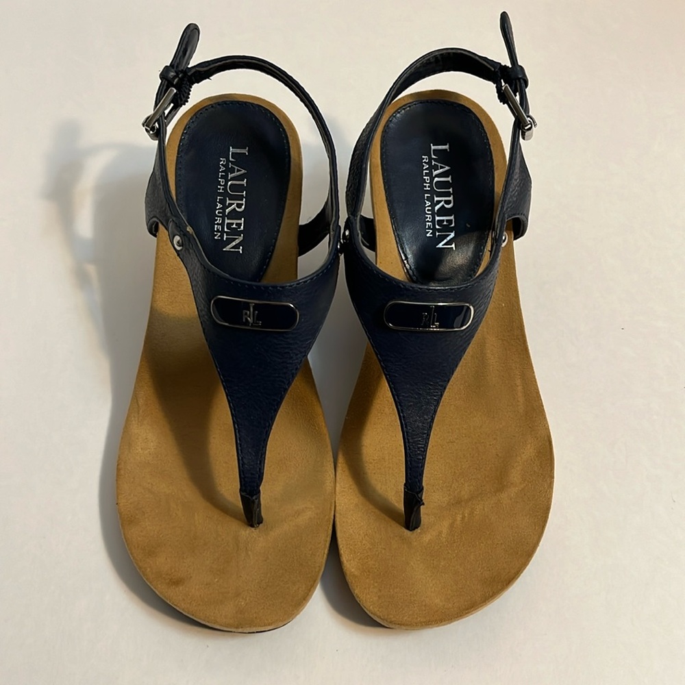 Ralph Lauren Ralla Navy Blue T-Strap Thong Wedge Sandals Size 5